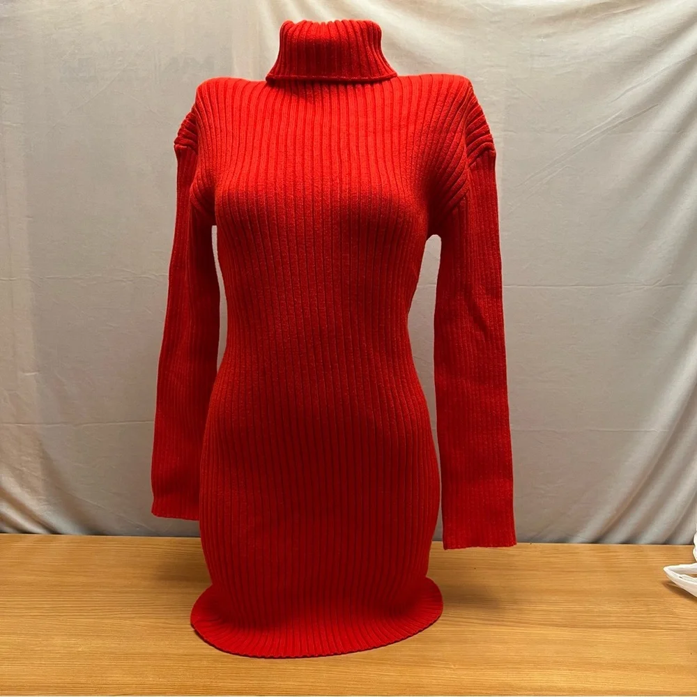 Forever 21 Red Ribbed Turtleneck Long Sleeve Bodycon Mini Sweater Dress XS NEW - Picture 1 of 7